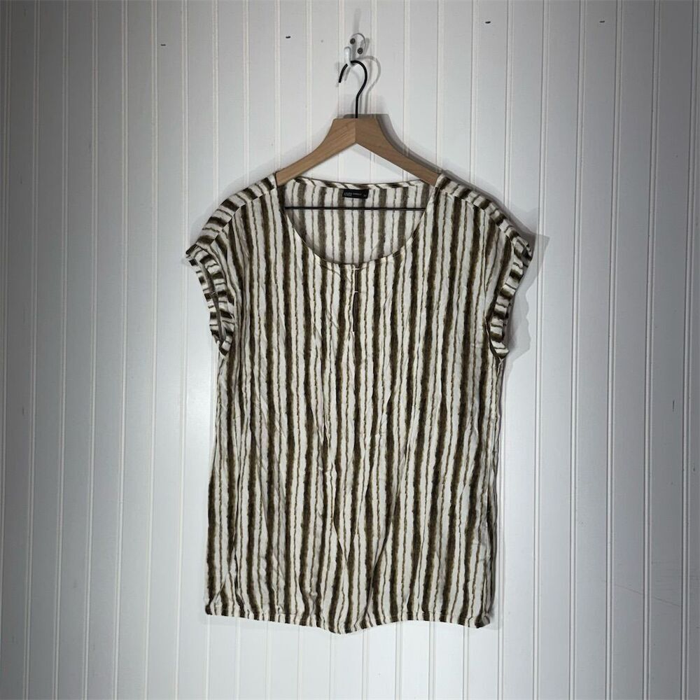 Laura Torelli Classic Striped Crinkle Top M 100% Viscose‎ Brown White Boho Chic